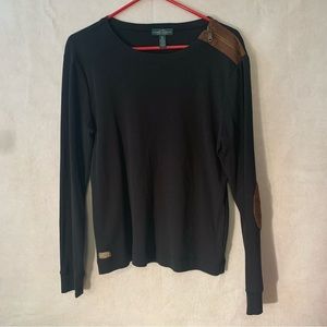 LAUREN RALPH LAUREN Jeans womens black sweater with brown elbow patch size XL
